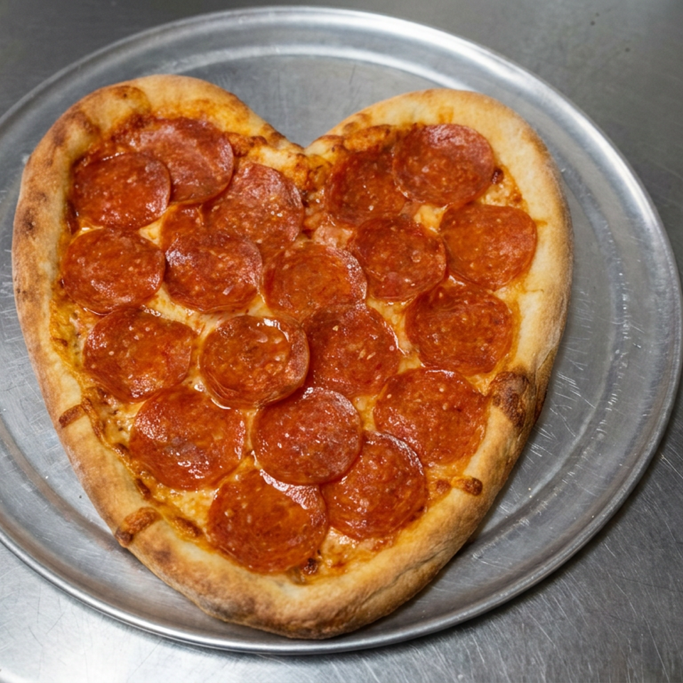 Heart-shaped pepperoni pizza with a golden crust, served on a metal tray atop a stainless steel counter.