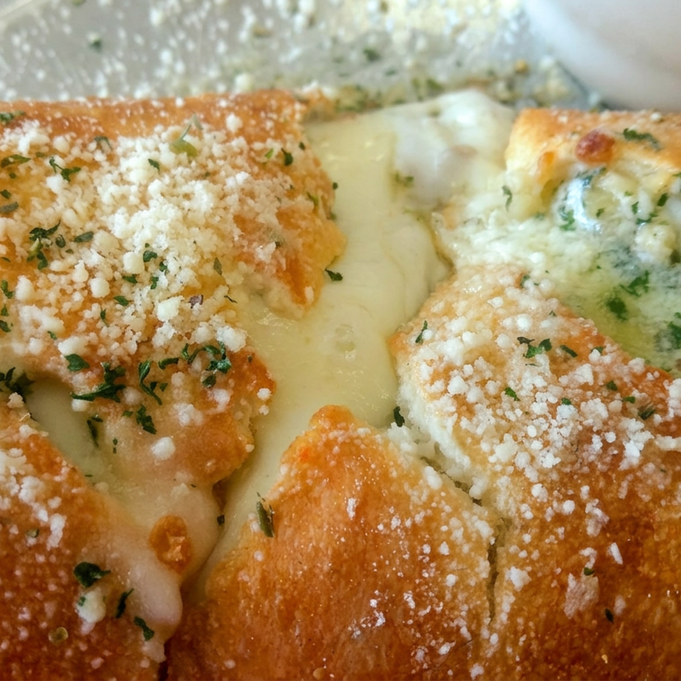 Golden-brown stuffed bread rolls topped with melted cheese, grated Parmesan, and herbs in a creamy sauce.