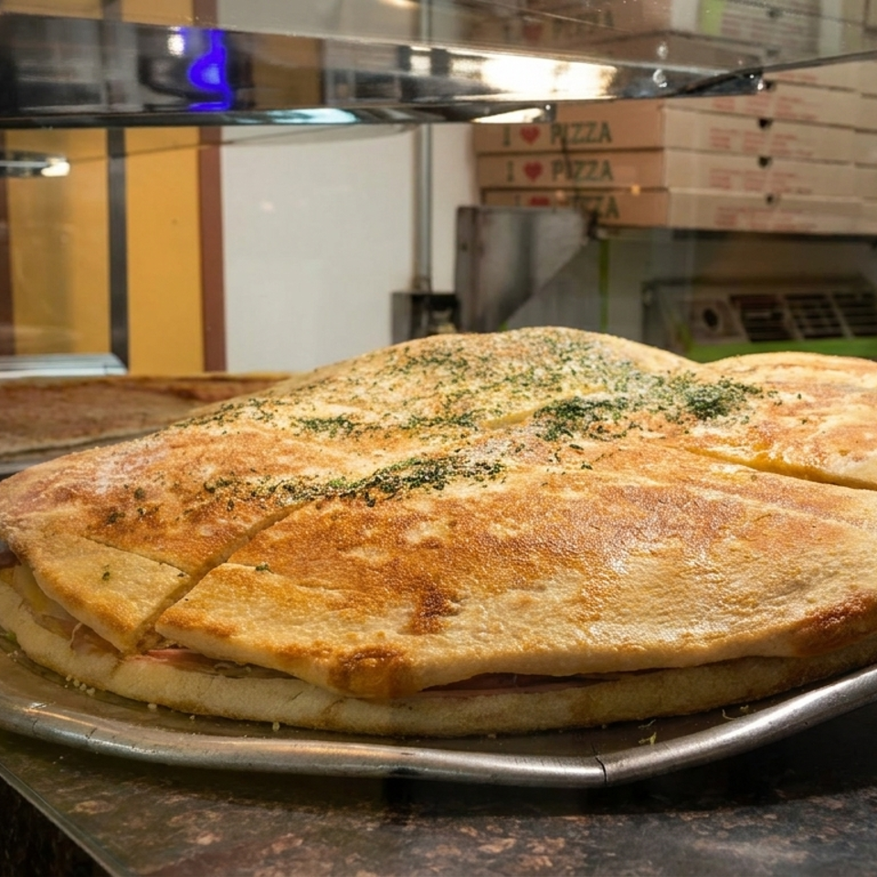 Large golden herb-topped stuffed flatbread displayed on a metal platter in a pizzeria counter.