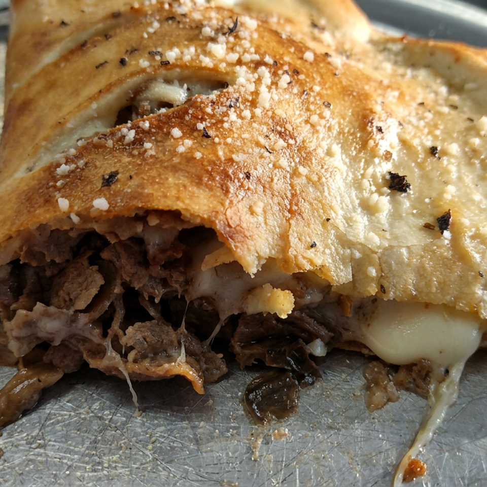 Golden-baked calzone sliced open on a metal tray, revealing shredded meat, mushrooms, and melted cheese.